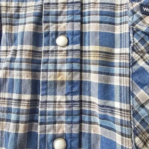 Wrangler Brushpopper Shirt Men's Size XLT Long‎ Tail Plaid Snaps Blue Vintage - Picture 10 of 15